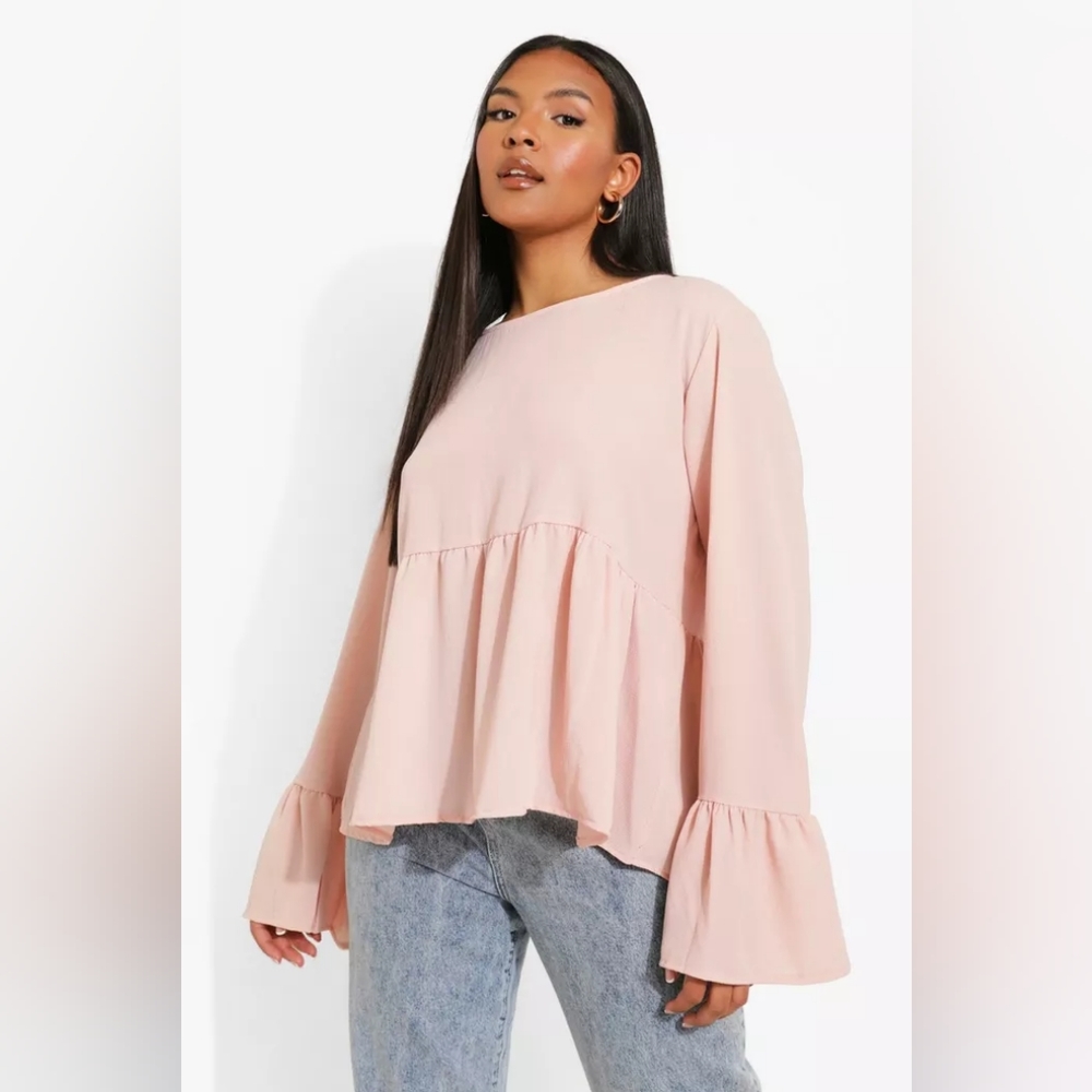 NWT Boohoo Blush OVERSIZED SMOCK TOP Size 18 - blush long sleeve peplum blouse